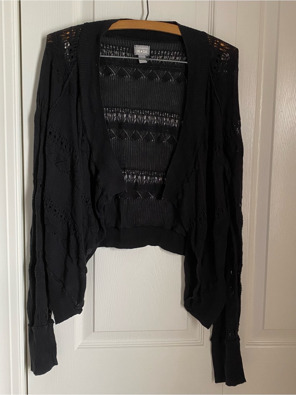 Converse One Star Black Open Knit Crochet Shrug Cardigan L Y2K Boho Whimsigoth